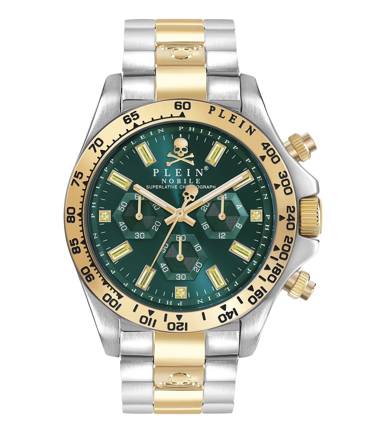 A Philipp Plein Nobile Chronograph watch with a green dial, gold-tone bracelet, and silver-tone case.