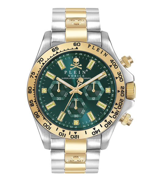 A Philipp Plein Nobile Chronograph watch with a green dial, gold-tone bracelet, and silver-tone case.