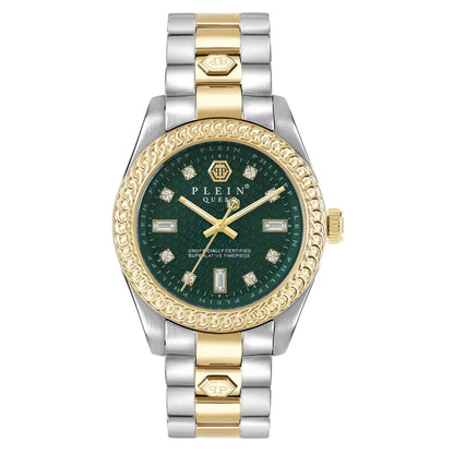 Two-tone watch with green face and gold accents on a white background