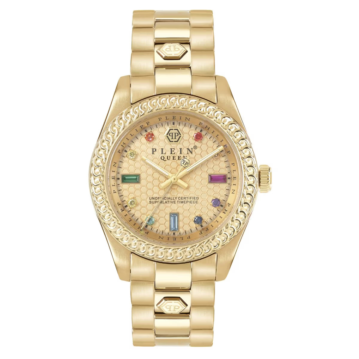 Gold watch with decorative face and brand logo on a white background