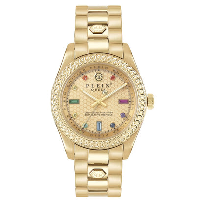 Gold watch with decorative face and brand logo on a white background