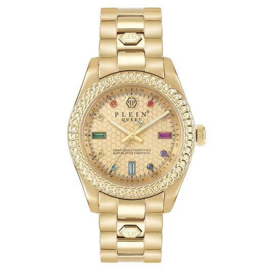 Gold watch with decorative face and brand logo on a white background