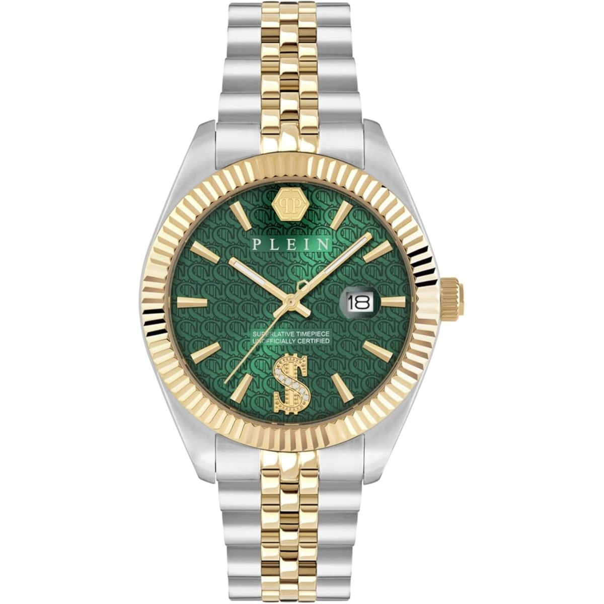Luxury watch with green face, gold accents, and silver band on a white background