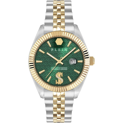 Luxury watch with green face, gold accents, and silver band on a white background