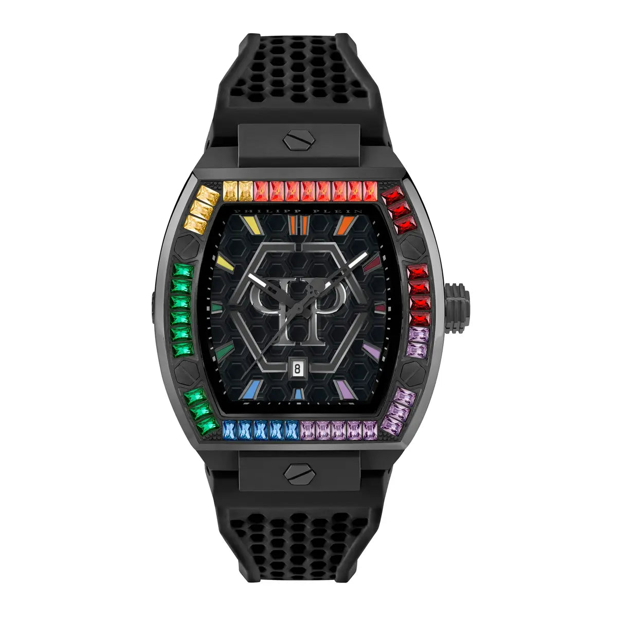 Black watch with colorful gemstones on a white background