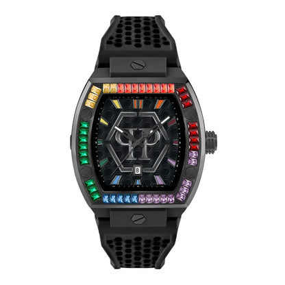 Black watch with colorful gemstones on a white background