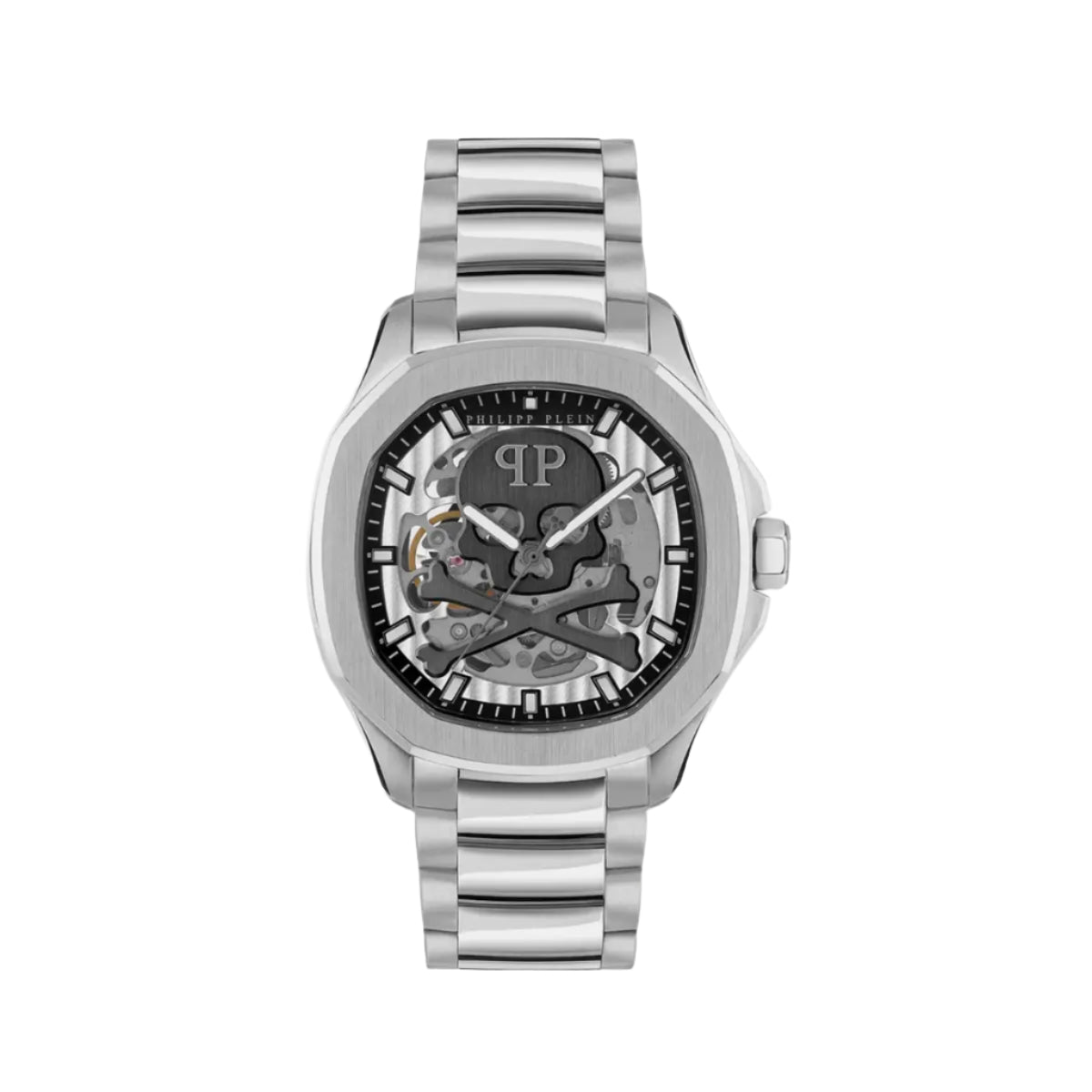 Silver watch with skull design on a white background