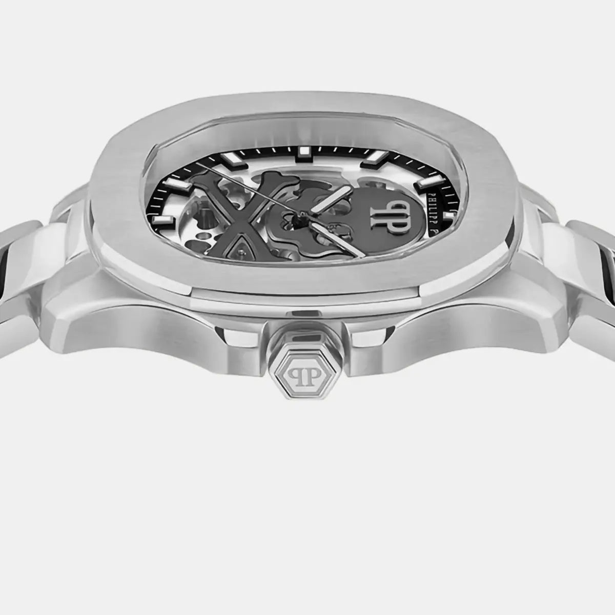 Silver watch with detailed face on a white background