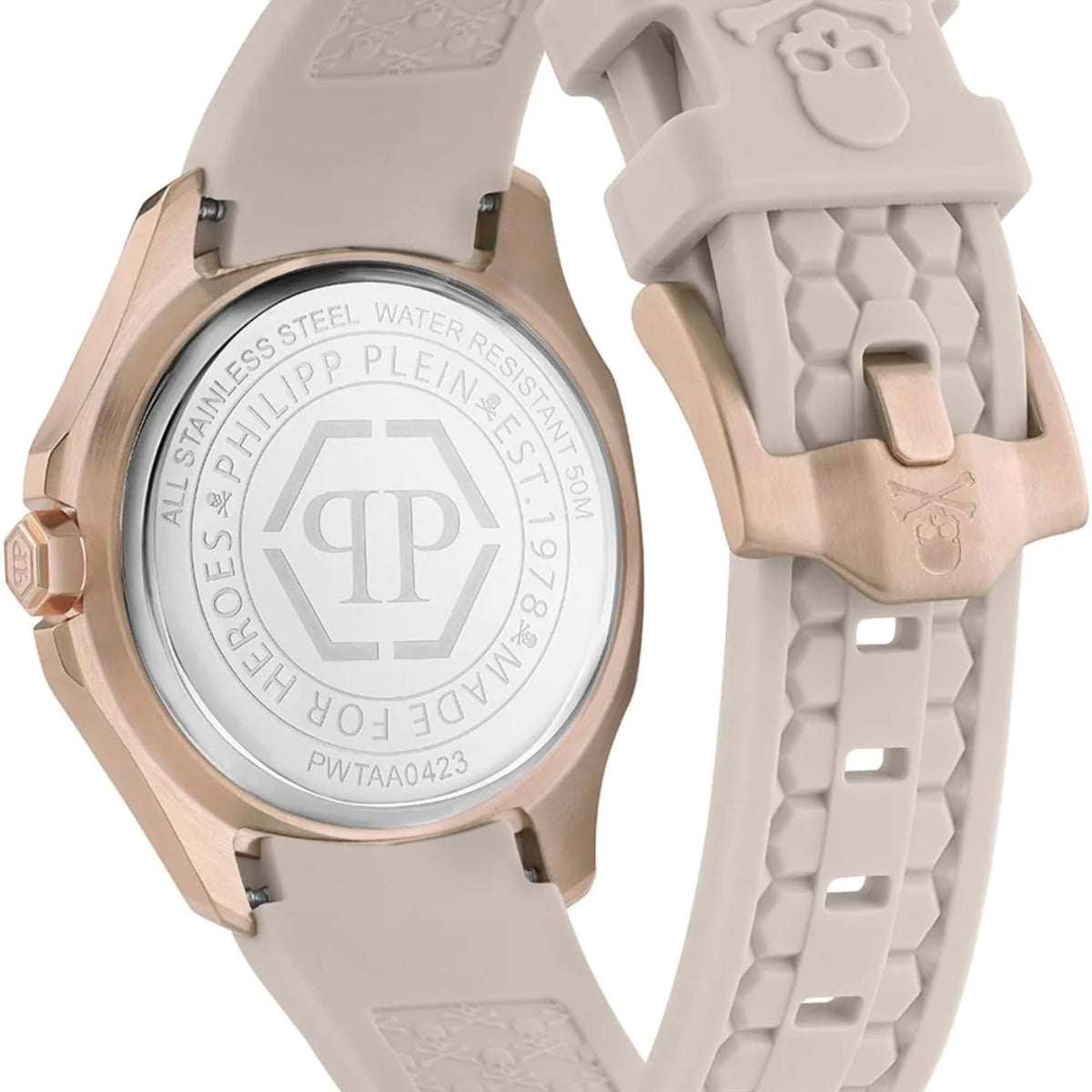 Watch with beige strap and rose gold case on a white background