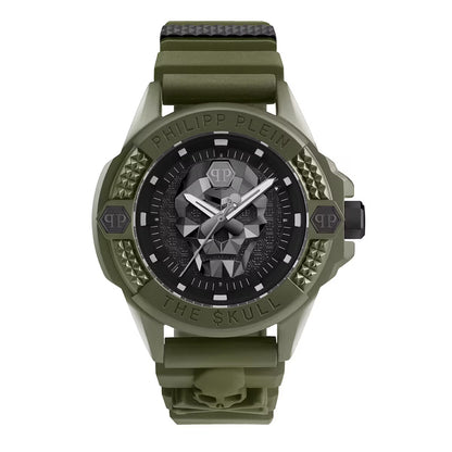 Green watch with skull design and Philipp Plein branding on a white background