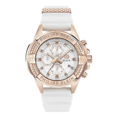 Philipp Plein watch with rose gold case and white strap on a white background