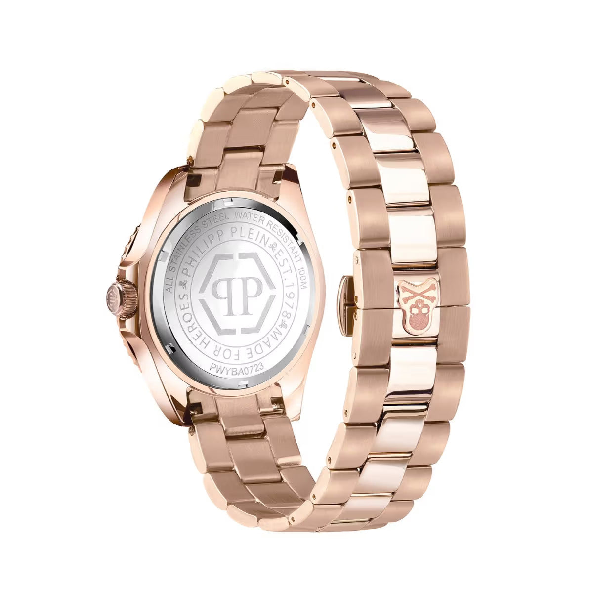 Rose gold watch with brand logo on a white background