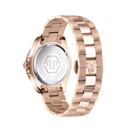 Rose gold watch with brand logo on a white background