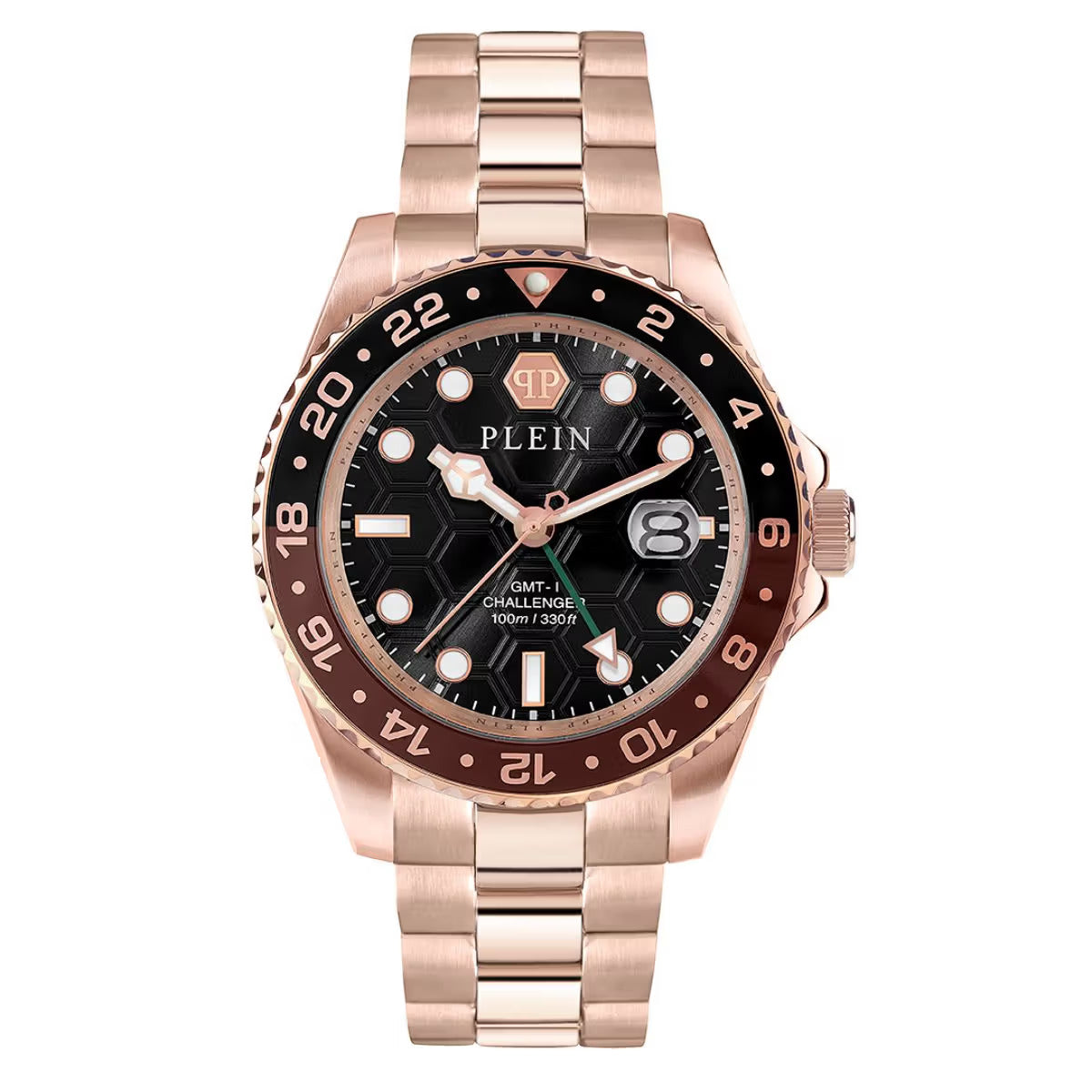 A Philipp Plein men's watch with a black round analog dial and rose gold stainless steel bracelet.