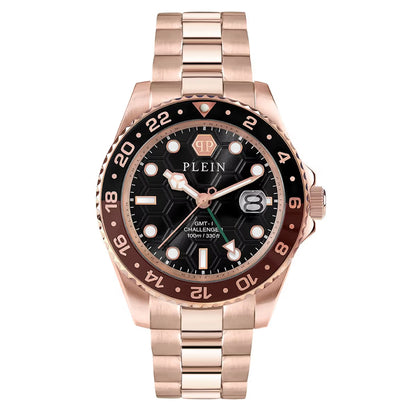 A Philipp Plein men's watch with a black round analog dial and rose gold stainless steel bracelet.