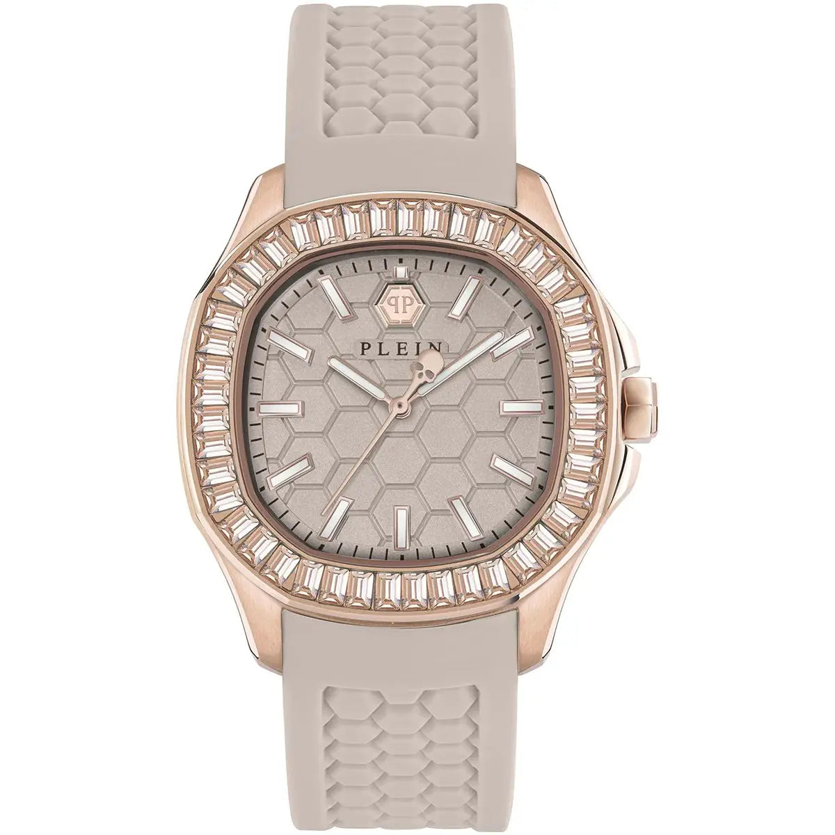 Watch with rose gold case and beige strap on a white background