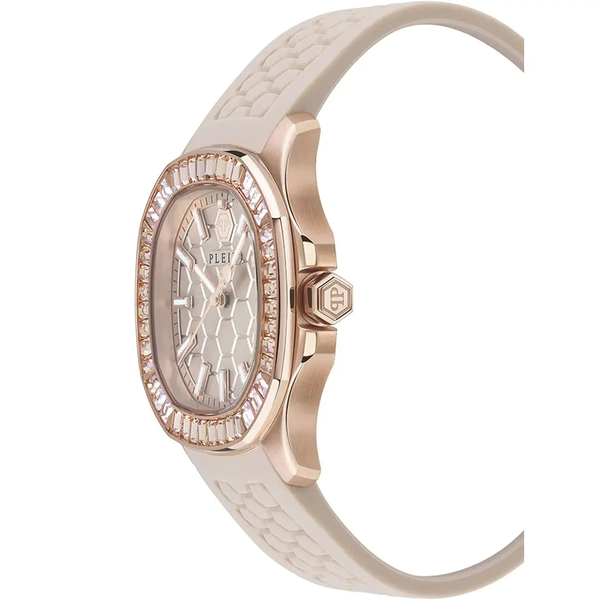 Watch with rose gold case and beige strap on a white background