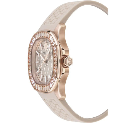 Watch with rose gold case and beige strap on a white background