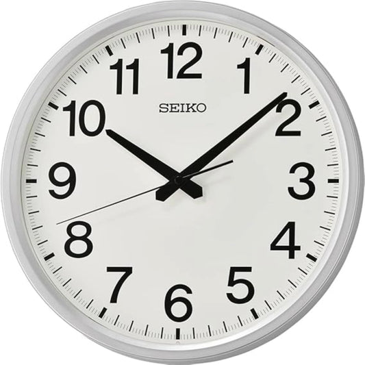 Seiko wall clock with white face and black numbers on a white background
