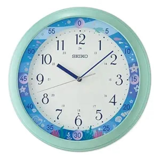Seiko wall clock with a decorative blue and green border on a white background