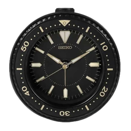 Black Seiko watch with white markings on a white background