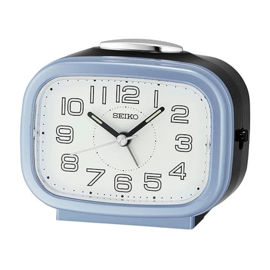 Seiko alarm clock with a blue casing on a white background