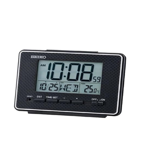 Seiko digital clock with time, date, and temperature display on a white background
