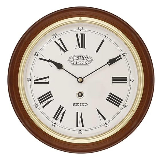 Seiko wall clock with wooden frame and white face