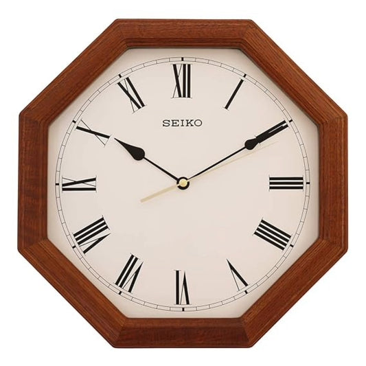 Octagonal Seiko wall clock with wooden frame and white face