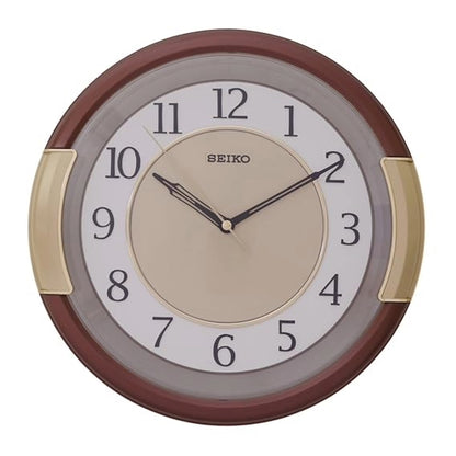 Seiko wall clock with brown and gold design on a white background