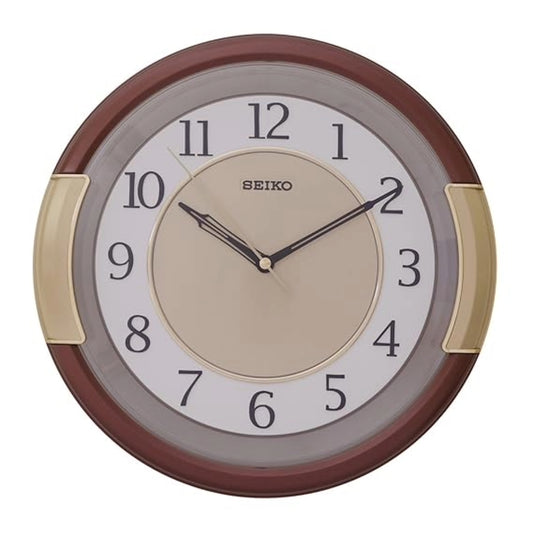 Seiko wall clock with brown and gold design on a white background