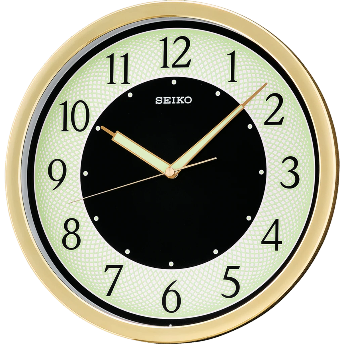 Seiko wall clock with gold frame and black face on a white background