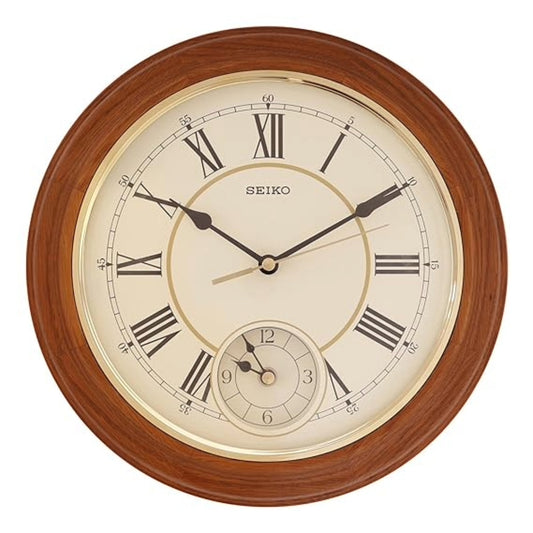 Seiko Wall Clock Elegant Round Brown Wooden Analog Home Decor QXA494B