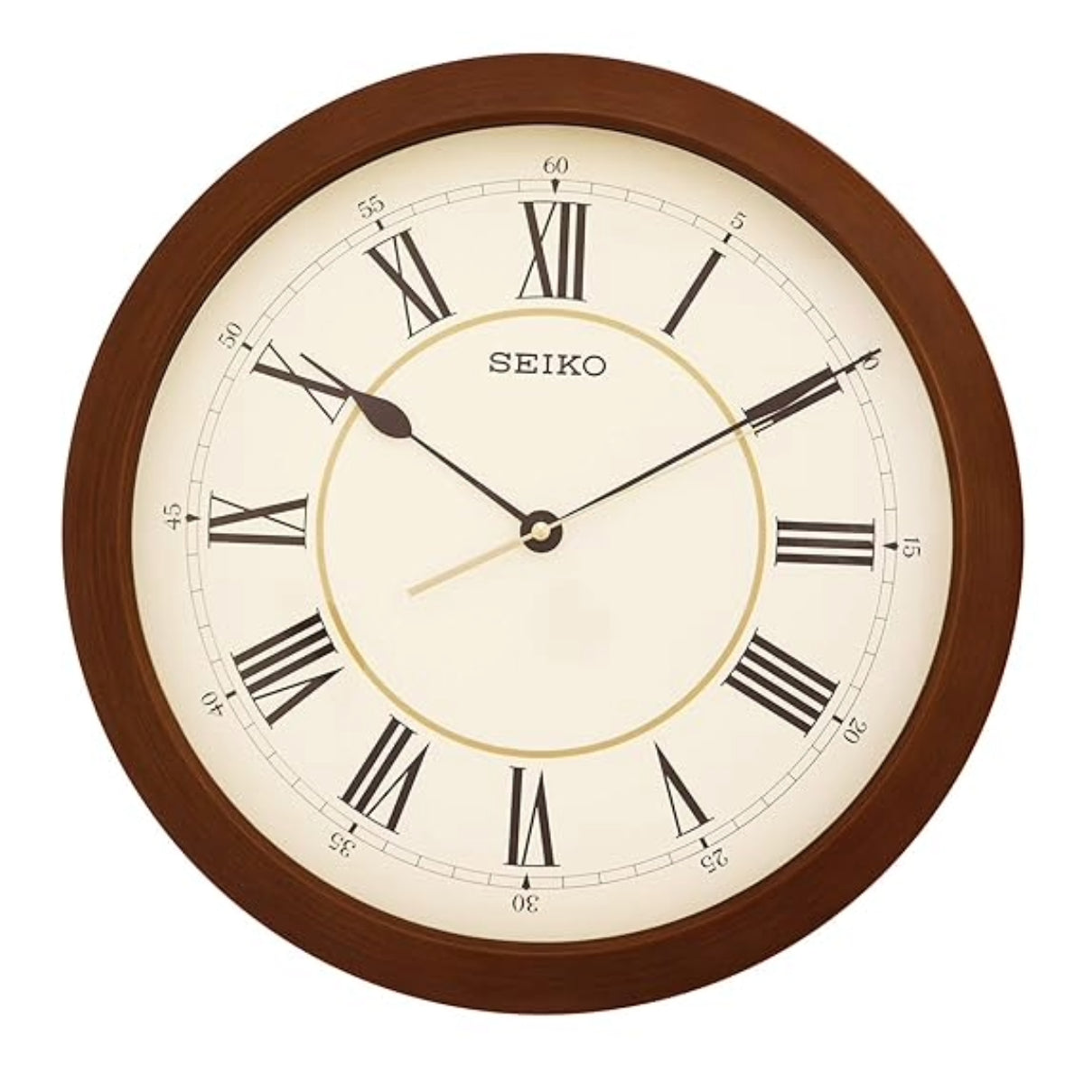 Seiko wall clock with brown frame and beige face on a white background