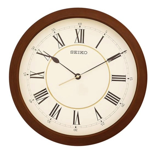 Seiko wall clock with brown frame and beige face on a white background