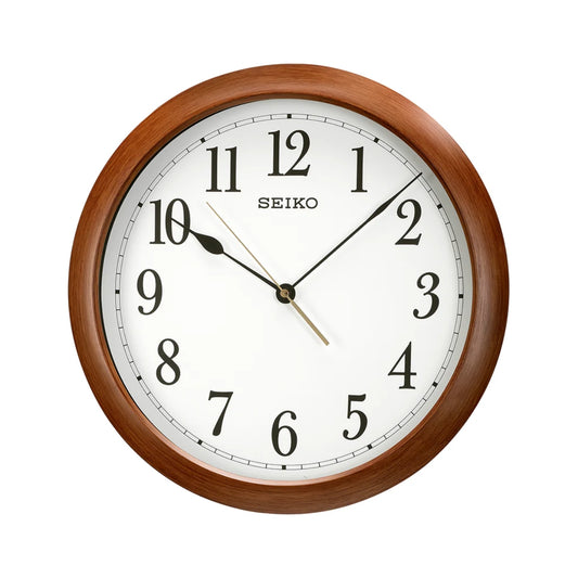 Seiko wall clock with wooden frame on a white background