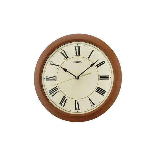 Seiko wall clock with wooden frame and beige face on a white background