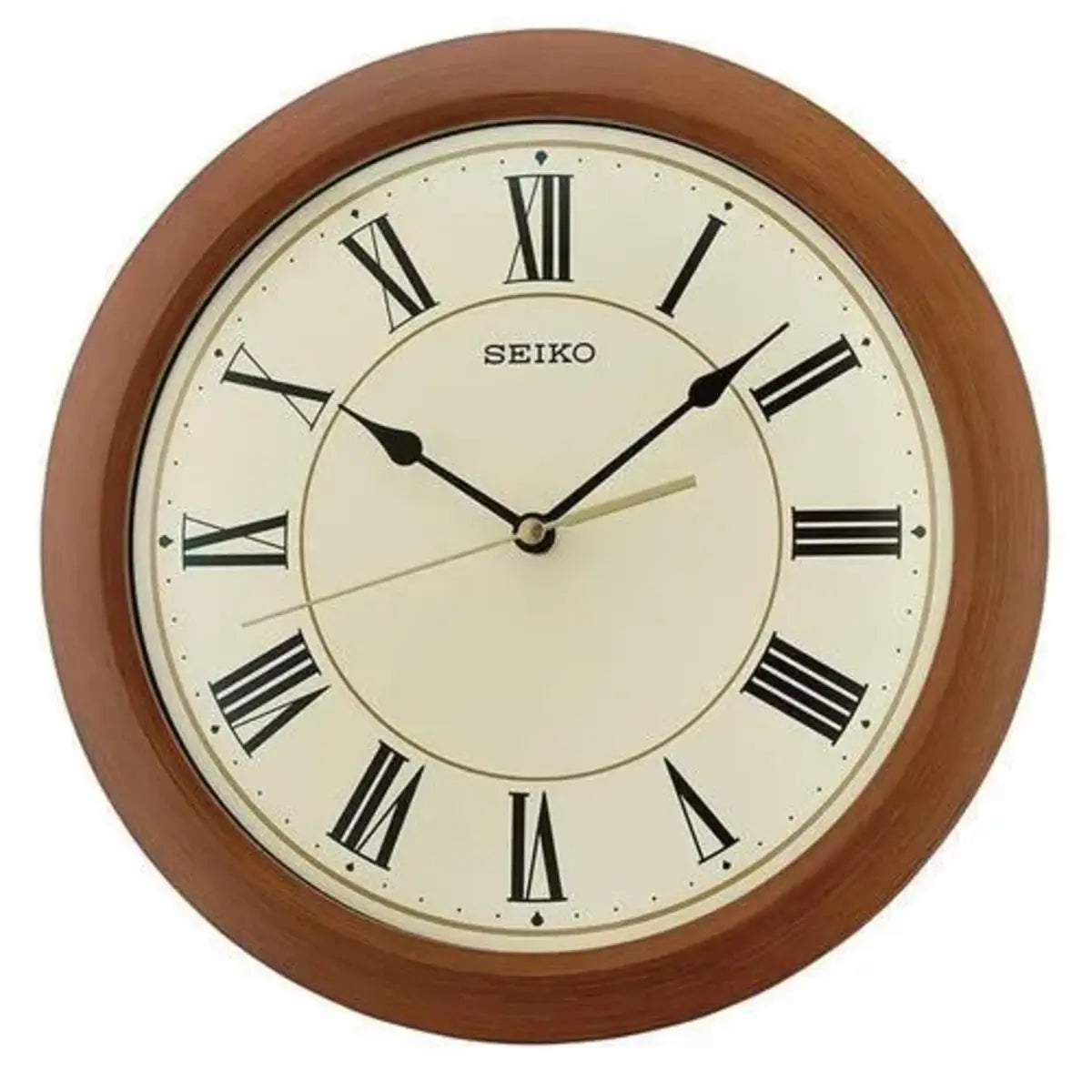 Seiko wall clock with wooden frame and beige face on a white background