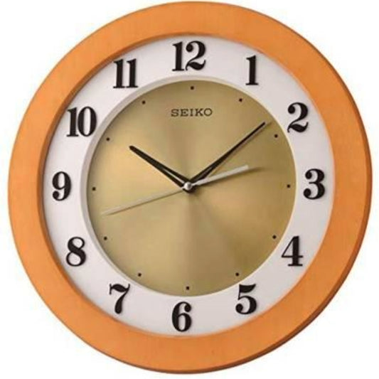 Seiko wall clock with orange frame and gold face on a white background