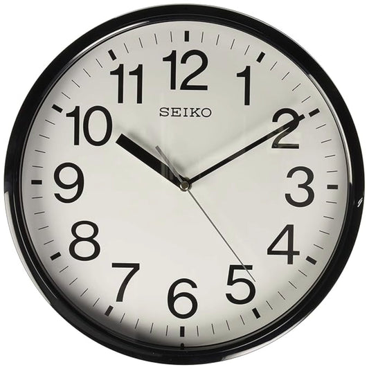 Seiko wall clock with black frame and white face