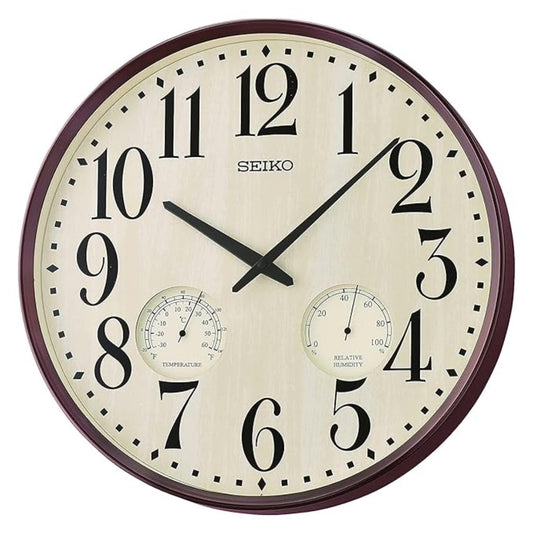 Seiko wall clock with temperature and humidity indicators on a white background
