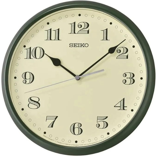 Seiko wall clock with beige face and black frame on a white background