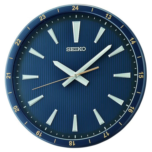Seiko wall clock with blue face and blue casing on a white background