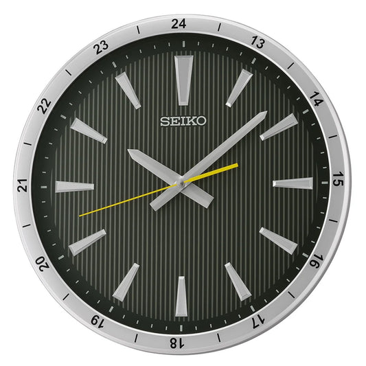 Seiko wall clock with black face and silver frame on a white background