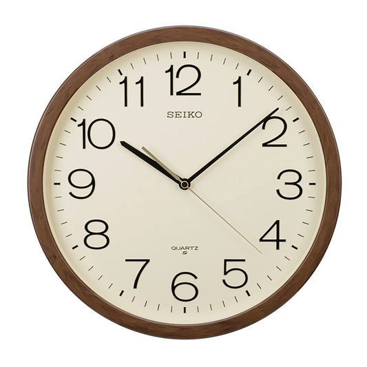 Seiko wall clock with brown wooden frame and beige face