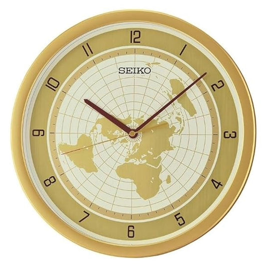 Seiko Wall Clock Elegant Round Plastic Golden Color Case World Map QXA814GT