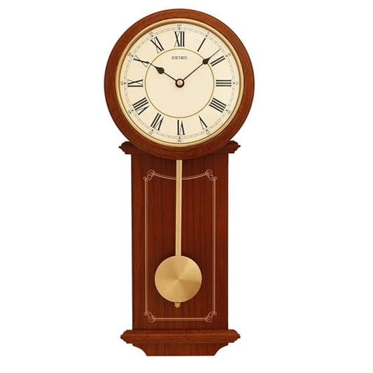 Wooden wall clock with pendulum on a white background