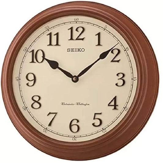 Seiko wall clock with brown frame and beige face