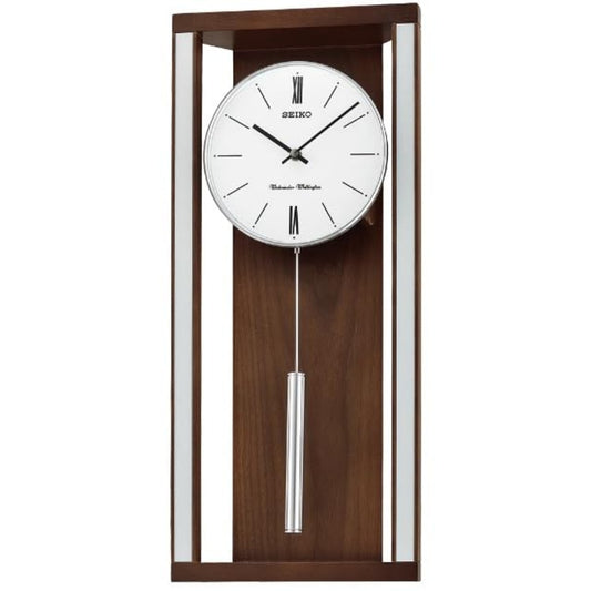 Wooden Seiko wall clock with pendulum on a white background