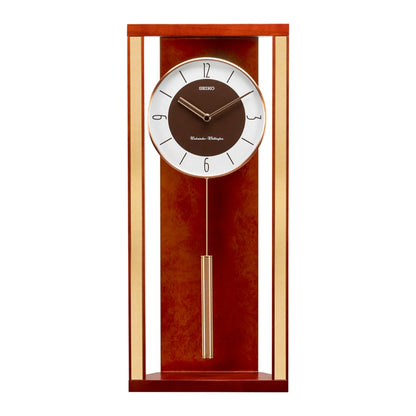 Wooden Seiko wall clock with pendulum on a white background